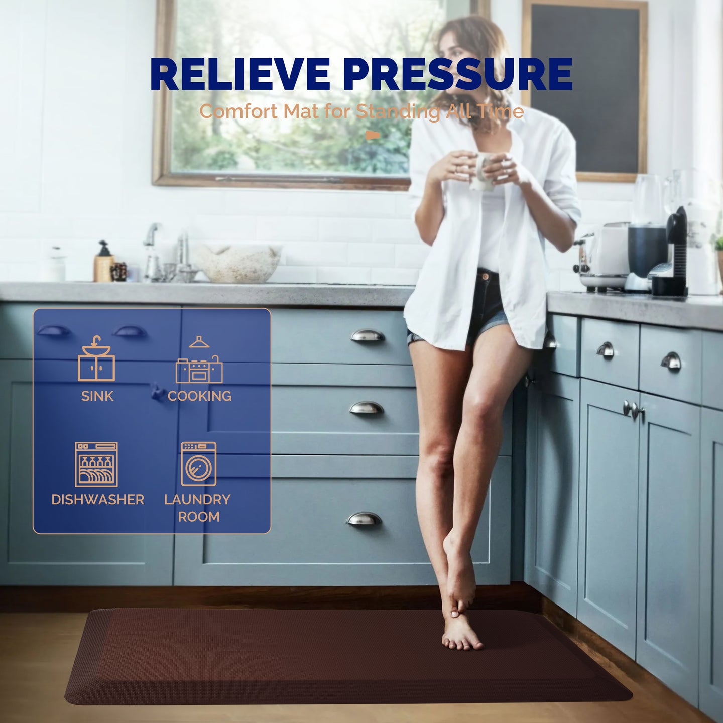 Woman standing barefoot on brown FEATOL anti-fatigue comfort mat in kitchen holding coffee cup, with icons showing use cases for sink, cooking, dishwasher, and laundry room standing relief