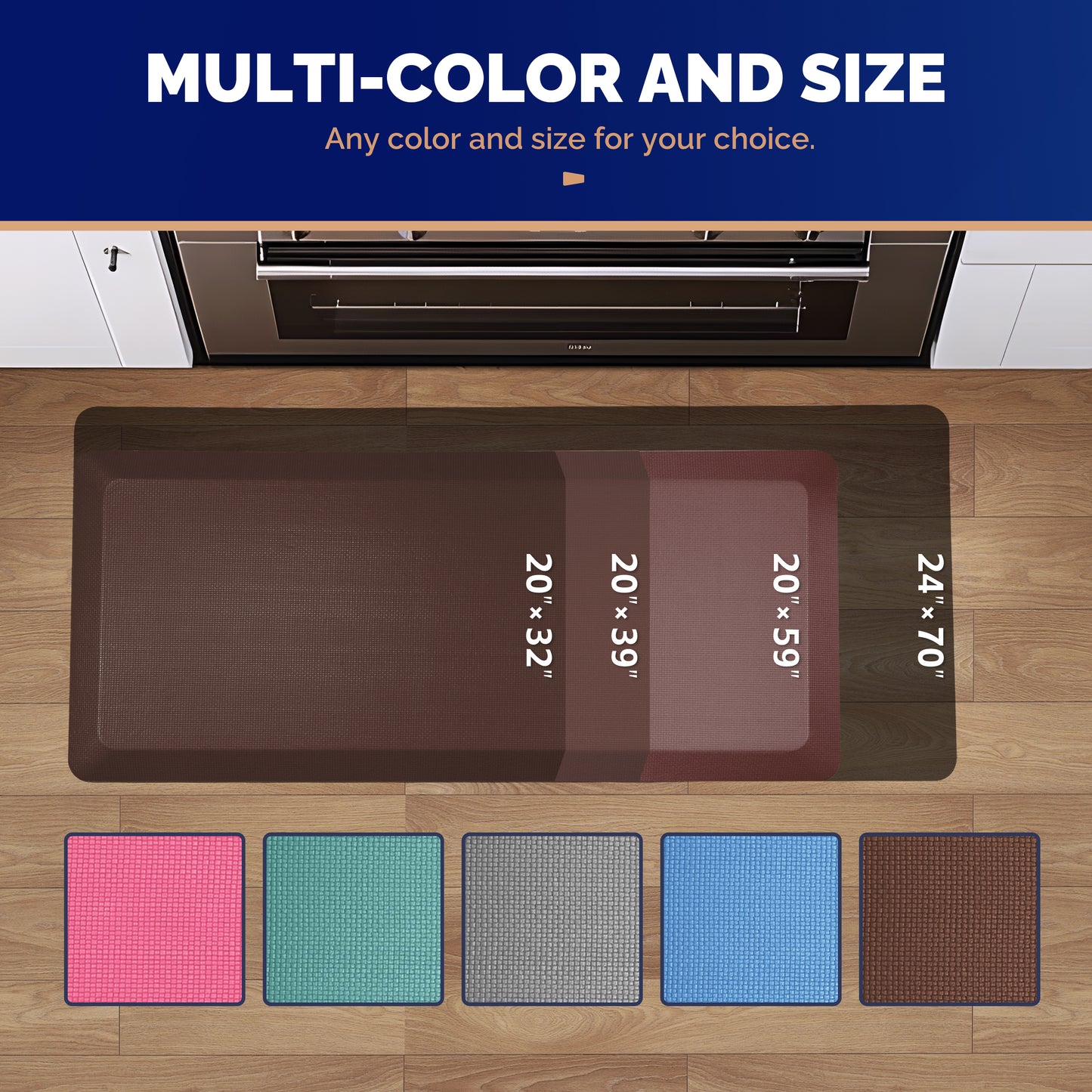 Overhead view of brown FEATOL anti-fatigue kitchen floor mat in front of oven showing four available sizes 20x32 20x39 20x59 24x70 inches with five color swatches pink teal gray blue and brown