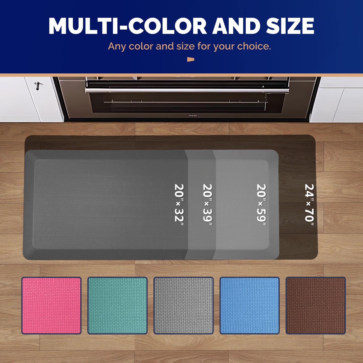 Overhead view of gray FEATOL anti-fatigue kitchen floor mat in front of oven showing four available sizes 20x32 20x39 20x59 24x70 inches with five color swatches pink teal gray blue and brown