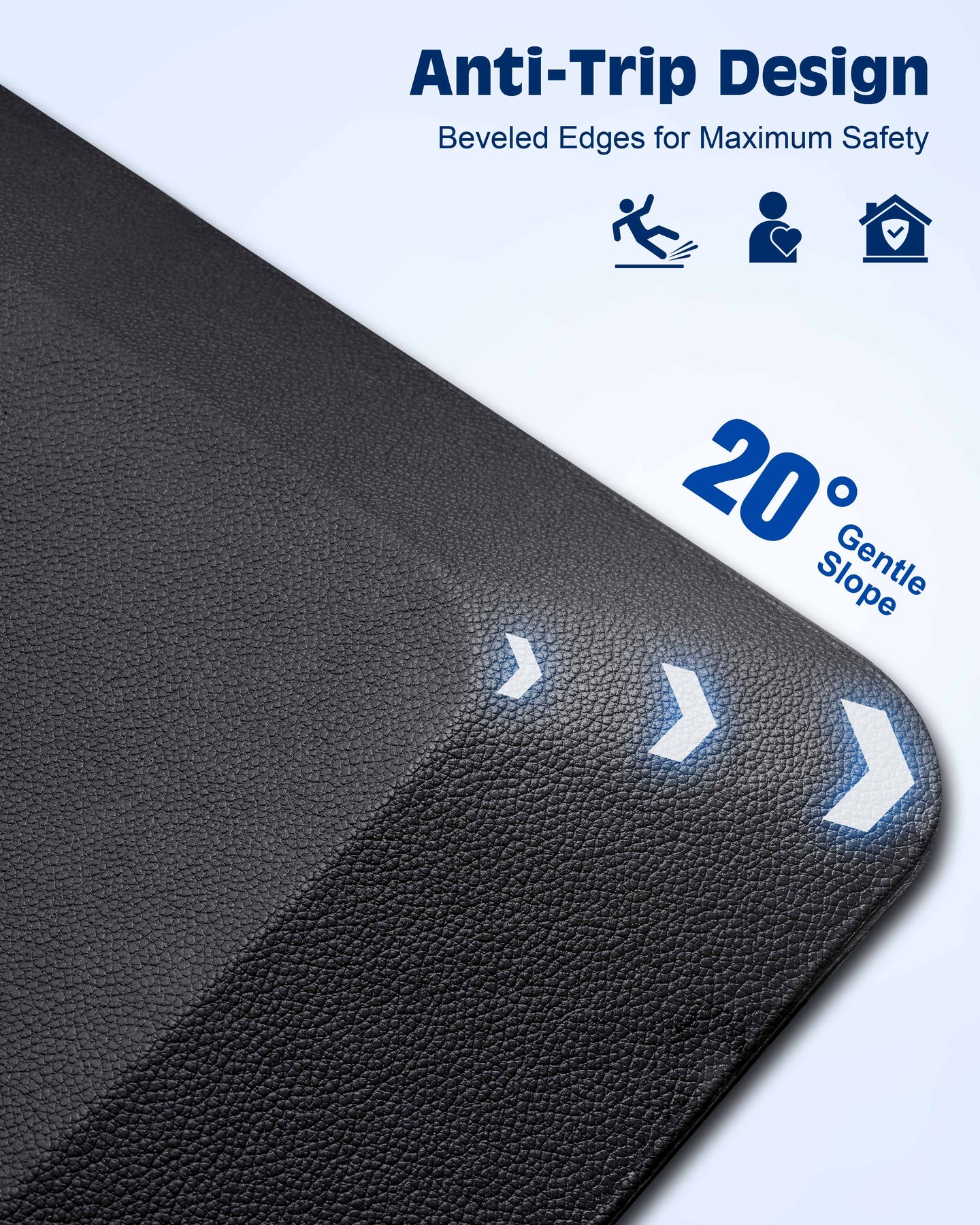Close-up of FEATOL mat's 20-degree beveled edge with anti-trip safety design.