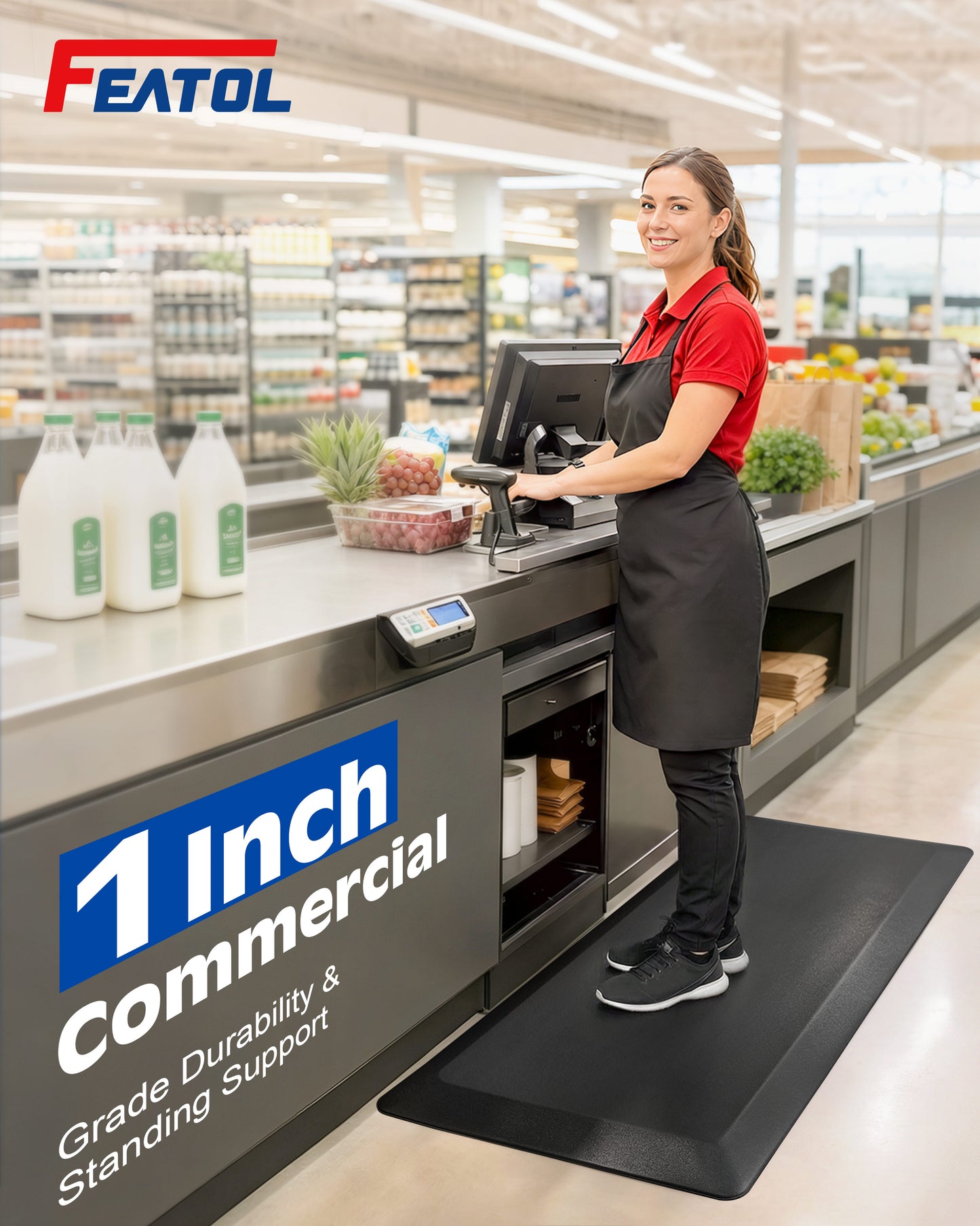 Cashier standing on FEATOL 1-inch commercial-grade black anti-fatigue mat at supermarket checkout counter.