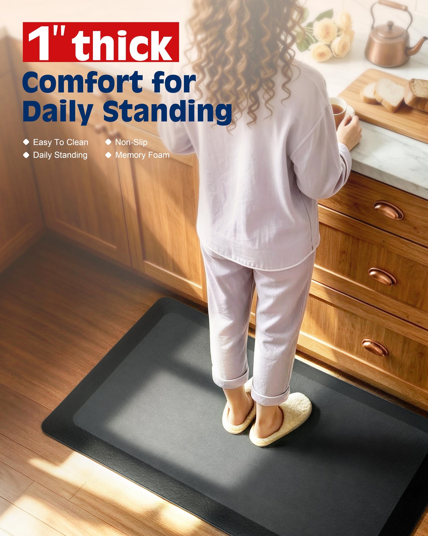 Woman standing on FEATOL 1-inch black anti-fatigue mat at kitchen counter in slippers.