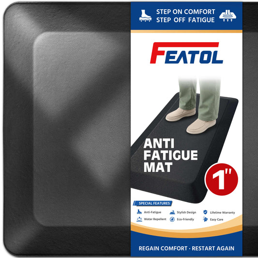 FEATOL 1-inch black anti-fatigue mat beside product packaging box.