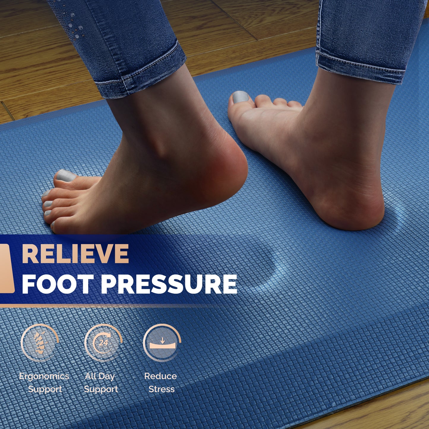 Bare feet standing on blue FEATOL anti-fatigue standing mat with text relieve foot pressure and icons for ergonomics support, all-day support, and stress reduction