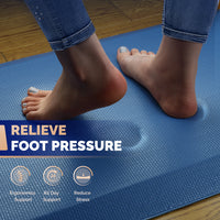 Bare feet standing on blue FEATOL anti-fatigue standing mat with text relieve foot pressure and icons for ergonomics support, all-day support, and stress reduction