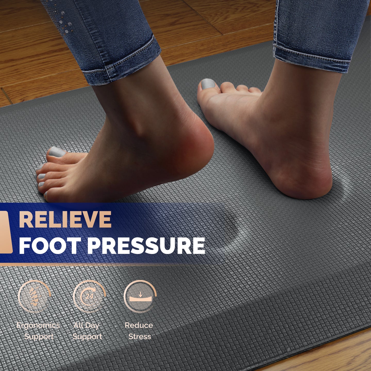 Bare feet standing on gray FEATOL anti-fatigue standing mat with text relieve foot pressure and icons for ergonomics support, all-day support, and reduce stress