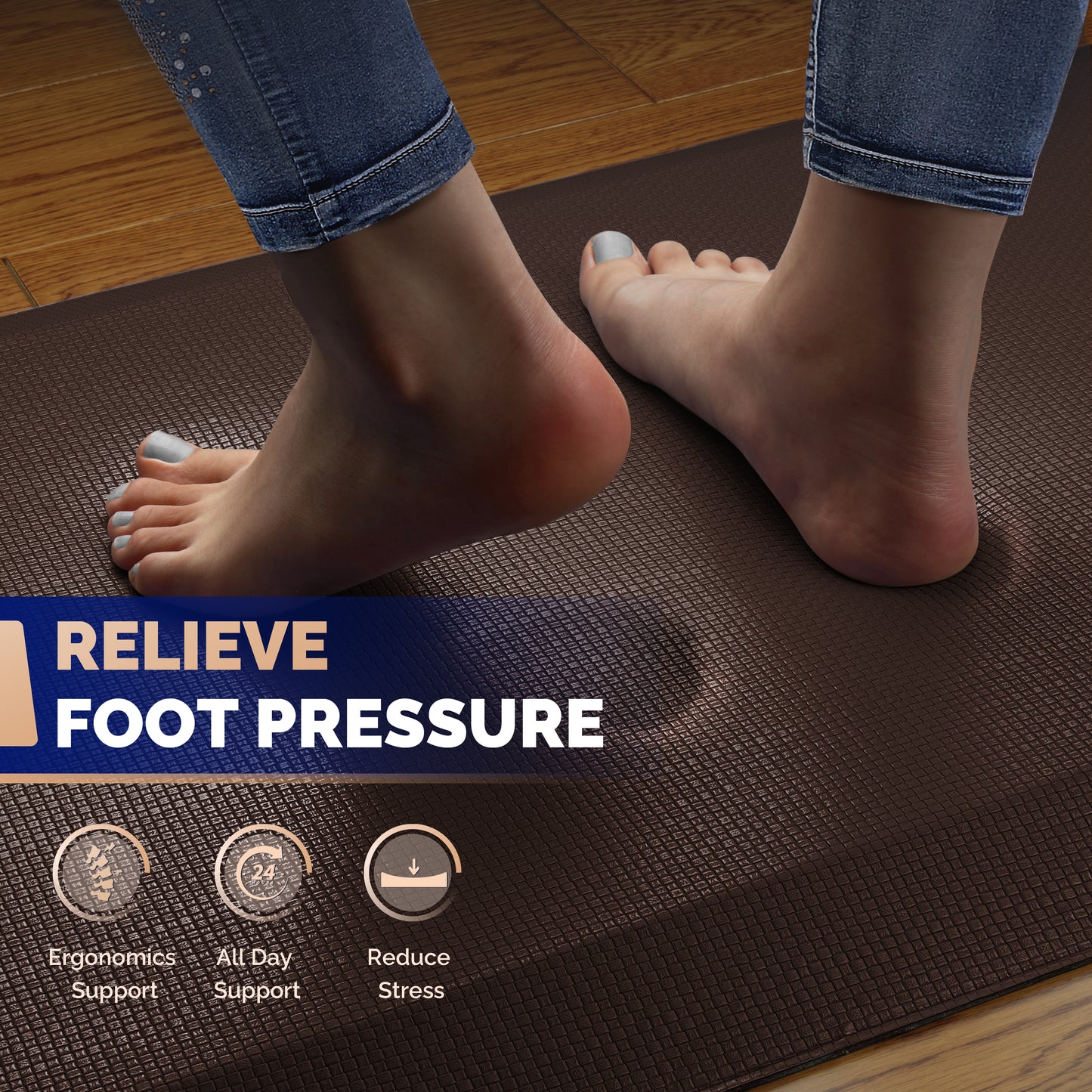 Bare feet standing on brown FEATOL anti-fatigue standing mat with text relieve foot pressure and icons for ergonomics support, all-day support, and stress reduction