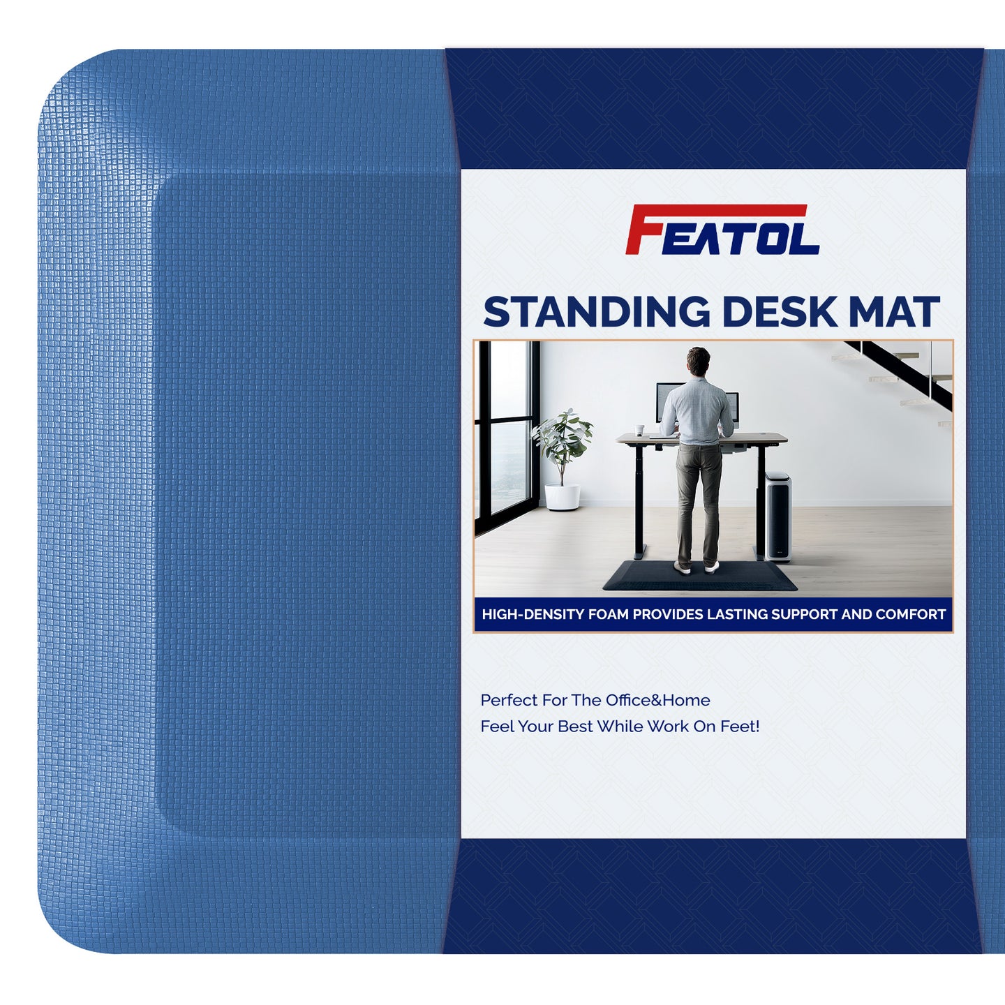 FEATOL blue standing desk mat displayed with product packaging showing high-density foam provides lasting support and comfort, perfect for office and home use
