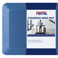 FEATOL blue standing desk mat displayed with product packaging showing high-density foam provides lasting support and comfort, perfect for office and home use