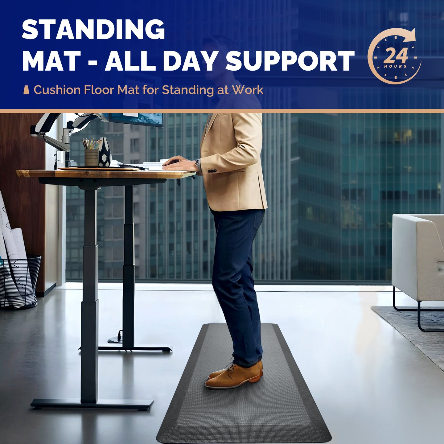 Professional standing on gray FEATOL anti-fatigue mat at height-adjustable standing desk in modern office, ergonomic cushion floor mat providing all-day standing comfort and support
