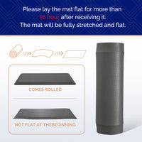 Gray FEATOL anti-fatigue standing mat shown rolled with diagram and instruction to lay flat for 96 hours after receiving, showing mat comes rolled and is not flat at the beginning before fully stretching out
