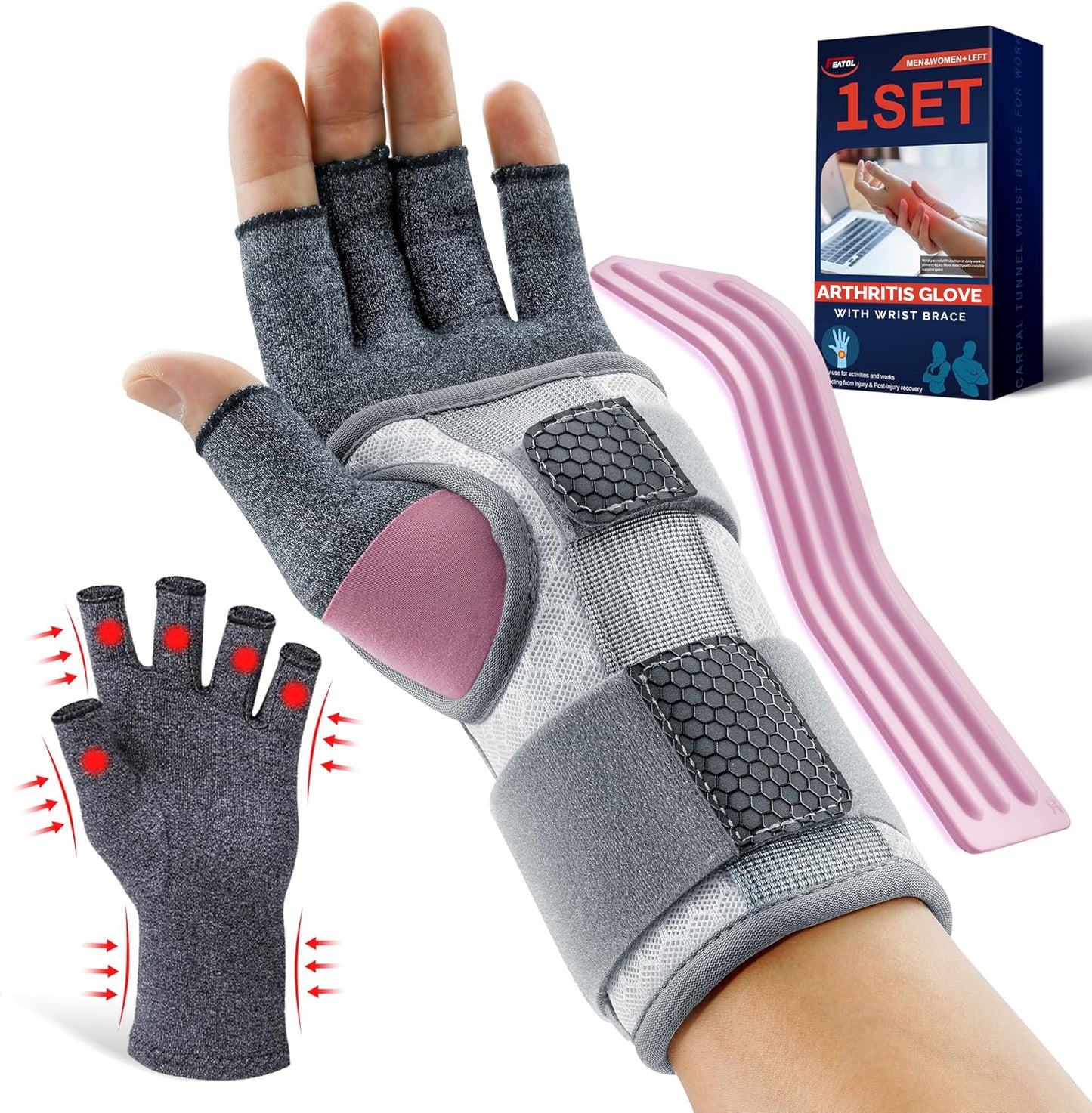 FEATOL arthritis compression glove with wrist brace and pink aluminum splint, left hand 1-set main view.