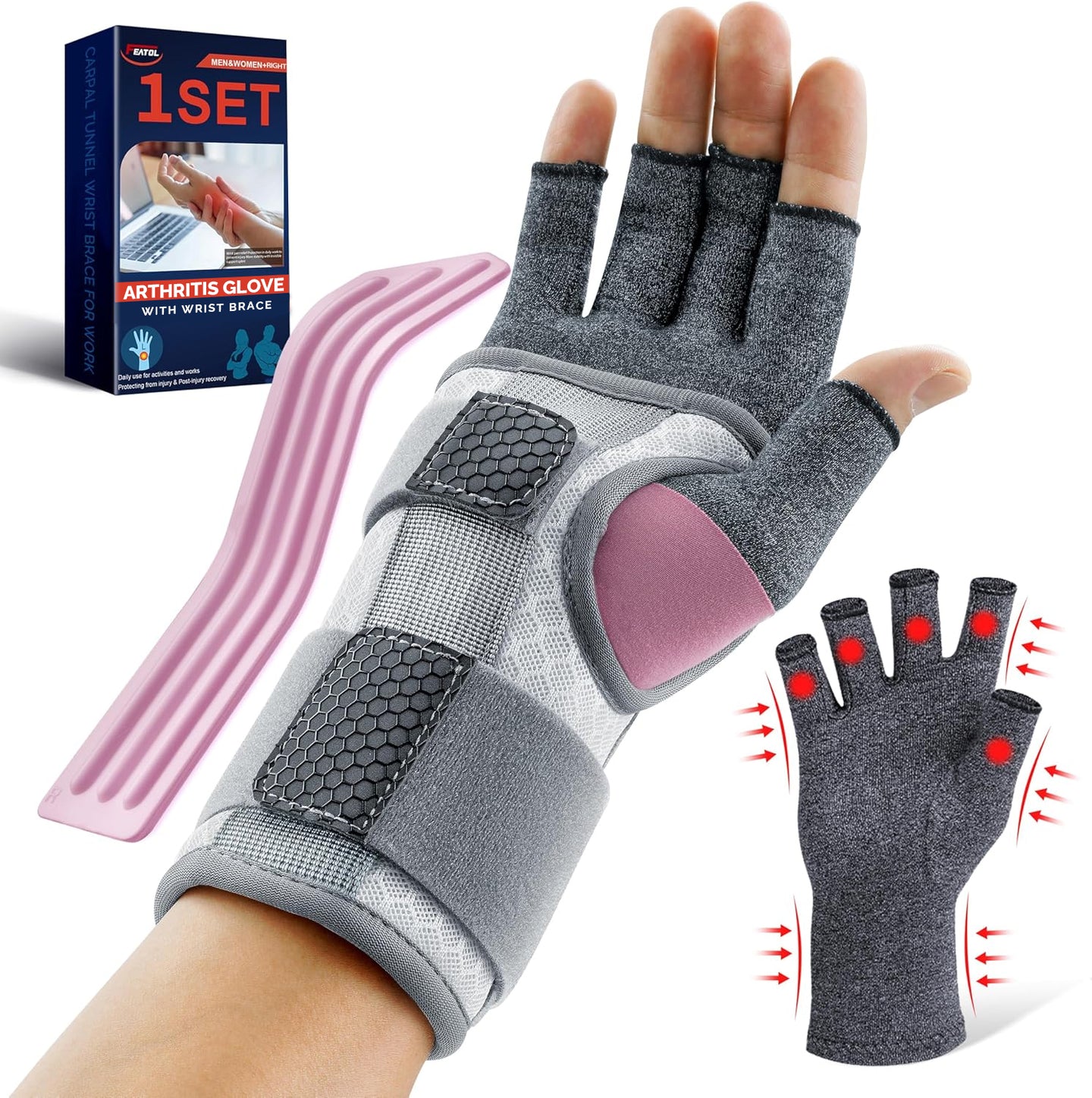 FEATOL arthritis compression glove with wrist brace and pink aluminum splint, right hand 1-set main view.