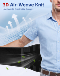 Man wearing FEATOL back brace with close-up of 3D air-weave knit fabric showing moisture-wicking breathable mesh surface, white airflow arrows and green leaf icons demonstrating lightweight ventilation for all-day lumbar support