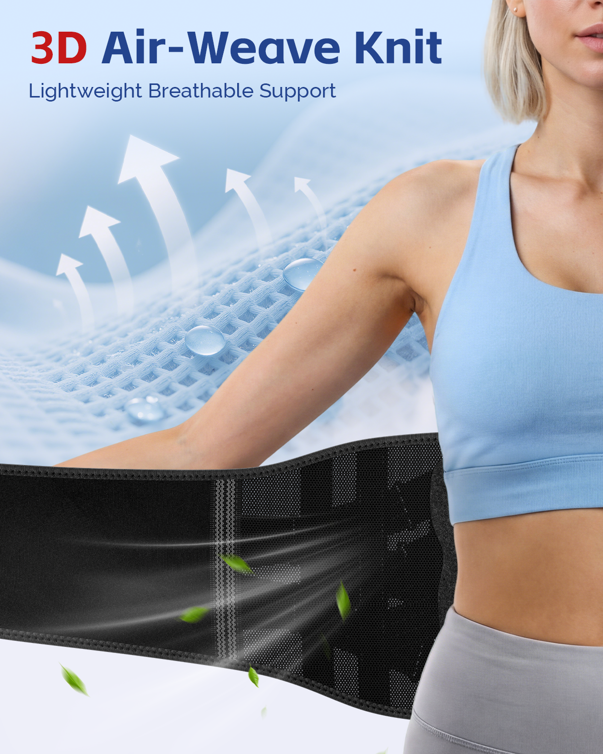 FEATOL back brace worn at the waist, highlighting 3D air-weave knit fabric for breathable, all-day lumbar support.