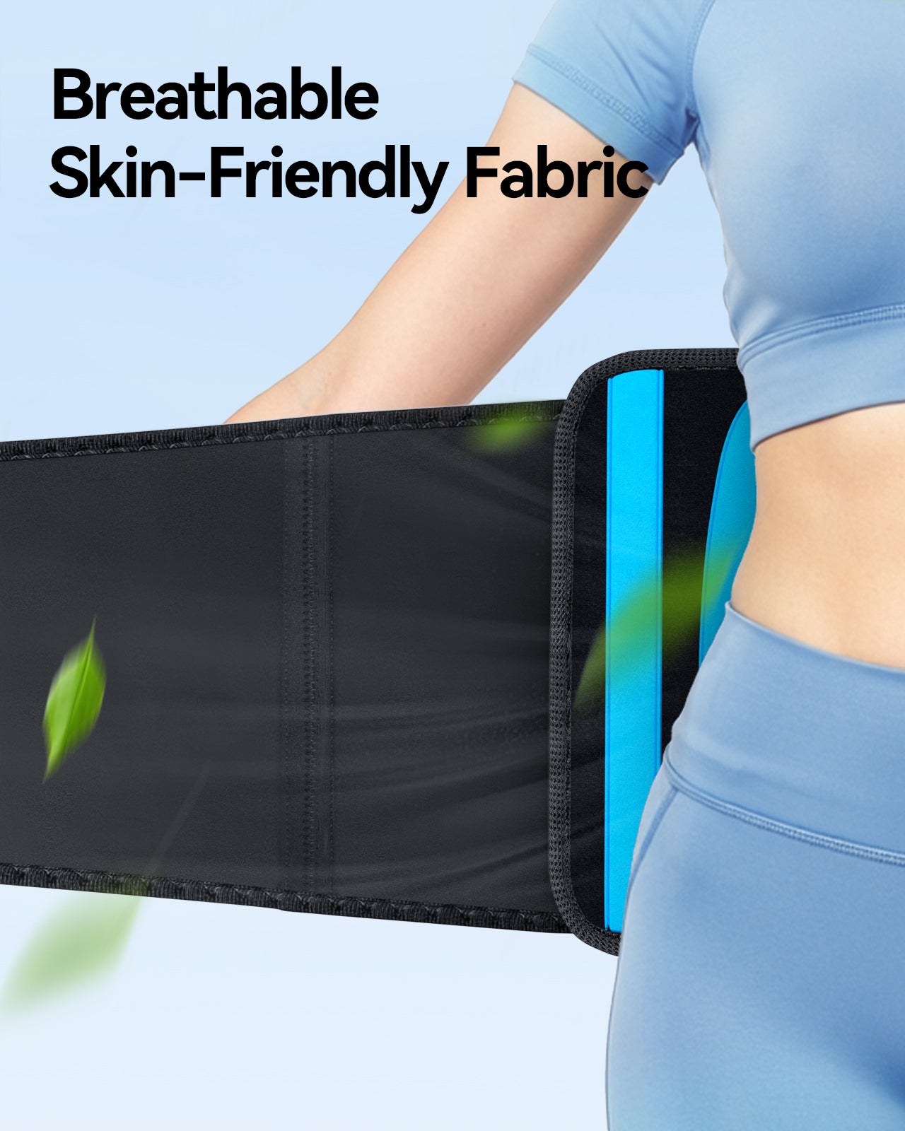 Close-up of breathable back brace fabric with airflow illustration.