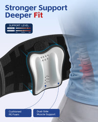 Removable dual-side lumbar pad with cushioned PE foam shown inserted into FEATOL back brace for deeper spinal support.