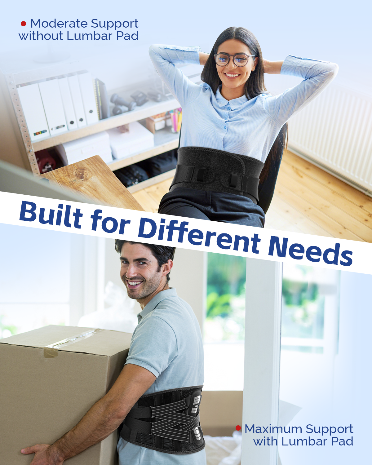 FEATOL back brace worn in two modes: a woman sitting at desk with moderate support without lumbar pad, and man carrying heavy box with maximum support with lumbar pad inserted