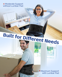 Woman sitting comfortably at work and man lifting boxes, both wearing FEATOL back brace for different support needs.