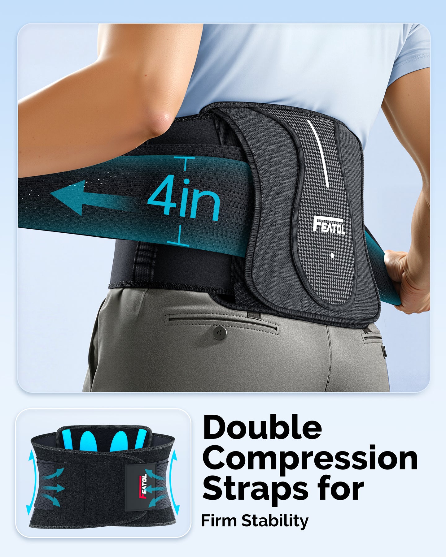4-inch wide compression straps being adjusted for a secure, stable fit.