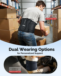 Man lifting boxes in warehouse wearing FEATOL brace with lumbar pad; seated driver wearing it without.
