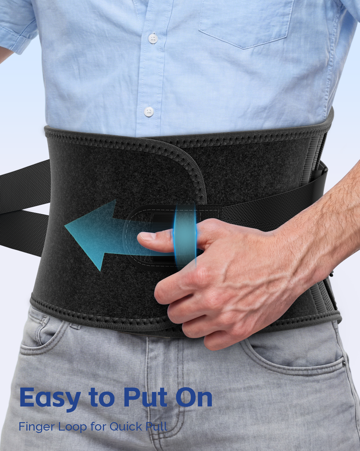 Man pulling on FEATOL back brace front panel using built-in finger loop tab, with blue arrow showing quick-pull direction for easy one-handed application and removal