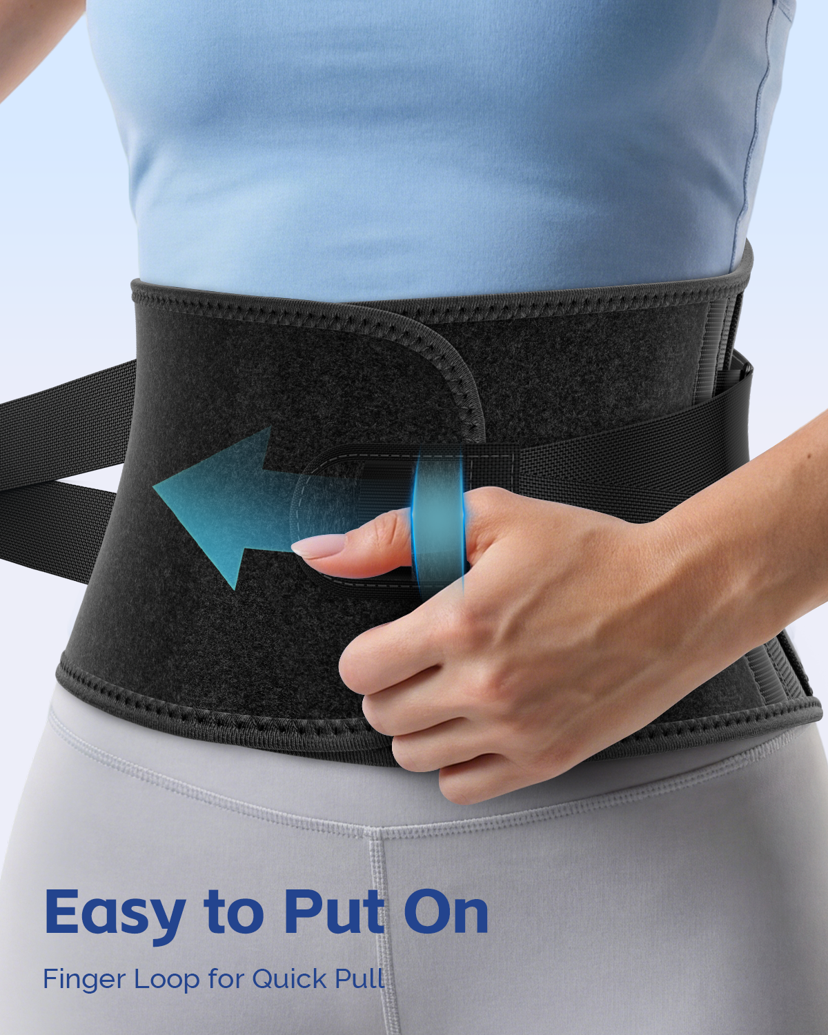Hand pulling finger loop on FEATOL back brace for quick, easy one-handed application.