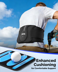 Man wearing FEATOL back brace while working outdoors, with cushion pad detail. 