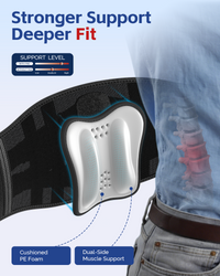 FEATOL back brace ergonomic lumbar pad shown being inserted into brace pocket with spine X-ray overlay highlighting inflamed lumbar vertebrae, featuring cushioned PE foam and dual-side muscle support, with support level comparison chart showing higher support with pad versus without pad