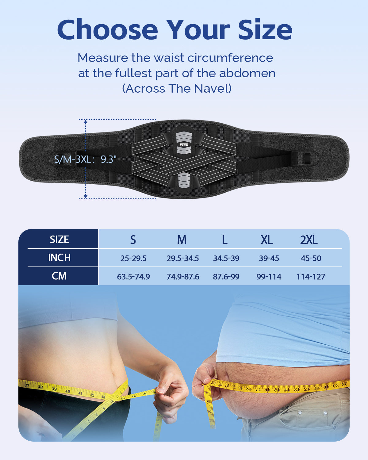 FEATOL back brace size chart showing 5 sizes: S (25–29.5 in / 63.5–74.9 cm), M (29.5–34.5 in / 74.9–87.6 cm), L (34.5–39 in / 87.6–99 cm), XL (39–45 in / 99–114 cm), 2XL (45–50 in / 114–127 cm), brace width 9.3 inches for S/M–3XL, measured at fullest part of abdomen across the navel, with man and woman measuring waist