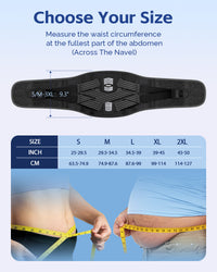 FEATOL back brace size chart showing 5 sizes: S (25–29.5 in / 63.5–74.9 cm), M (29.5–34.5 in / 74.9–87.6 cm), L (34.5–39 in / 87.6–99 cm), XL (39–45 in / 99–114 cm), 2XL (45–50 in / 114–127 cm), brace width 9.3 inches for S/M–3XL, measured at fullest part of abdomen across the navel, with man and woman measuring waist