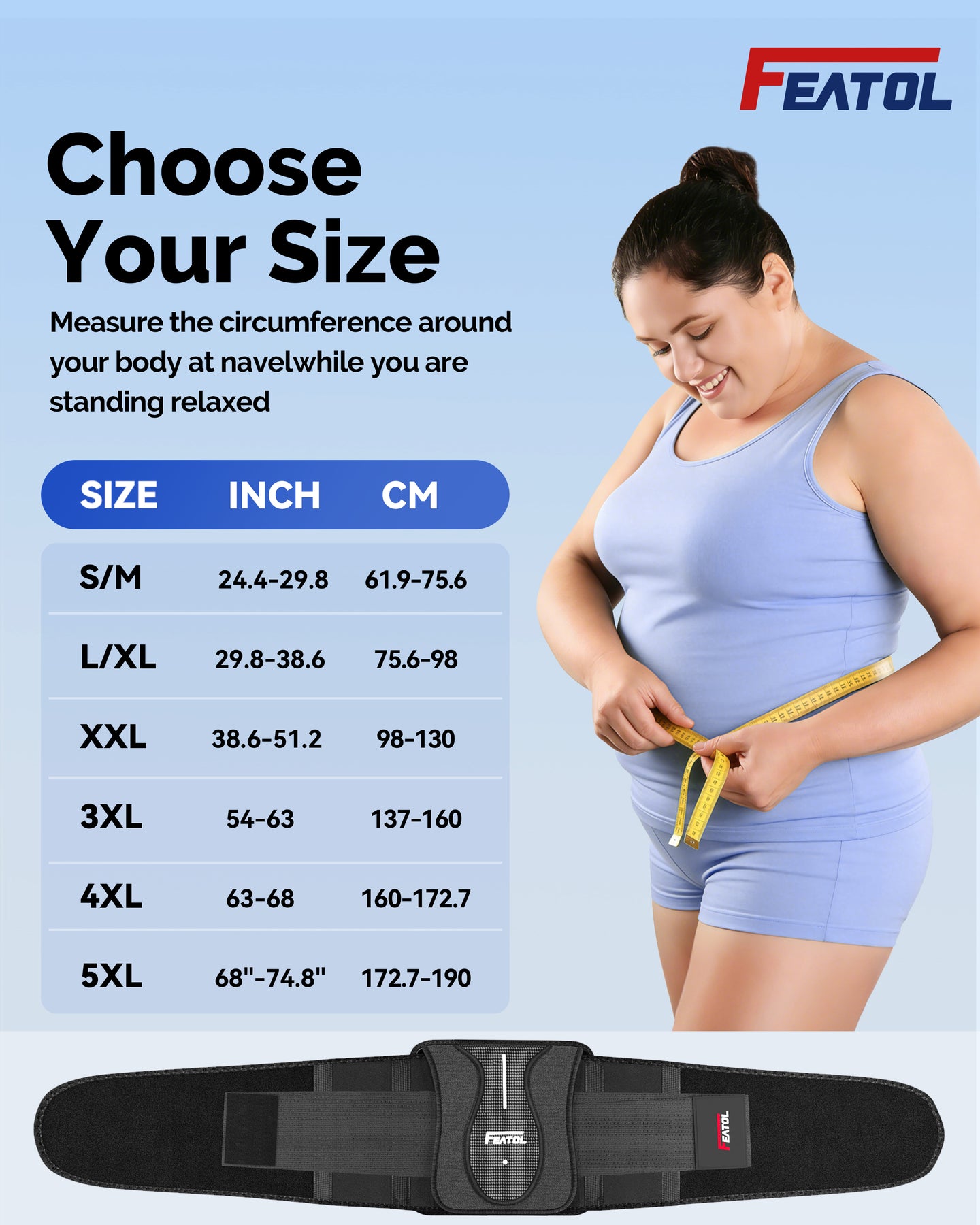 Size chart for FEATOL back brace, S/M to 5XL, with waist measurement guide.