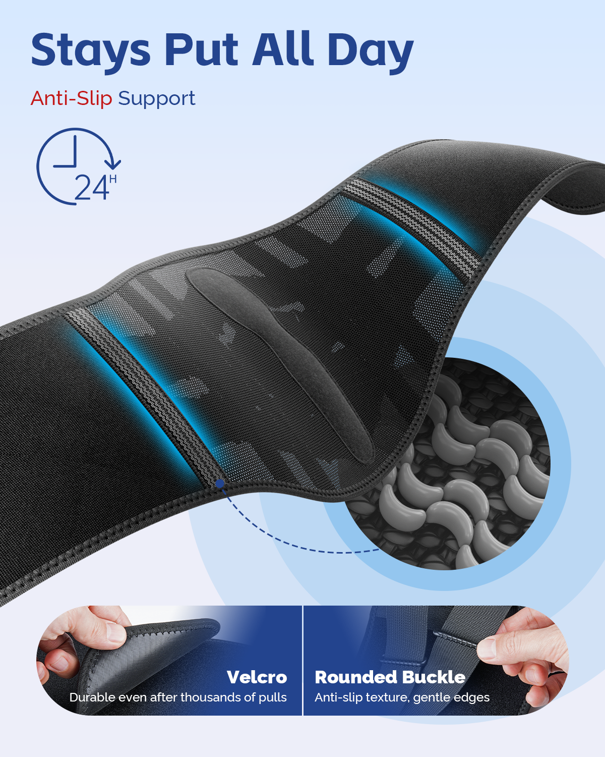 FEATOL back brace flat lay showing 24-hour anti-slip support with close-up of silicone grip lining texture, durable velcro panel, and rounded buckle with anti-slip texture and gentle edges for all-day secure fit