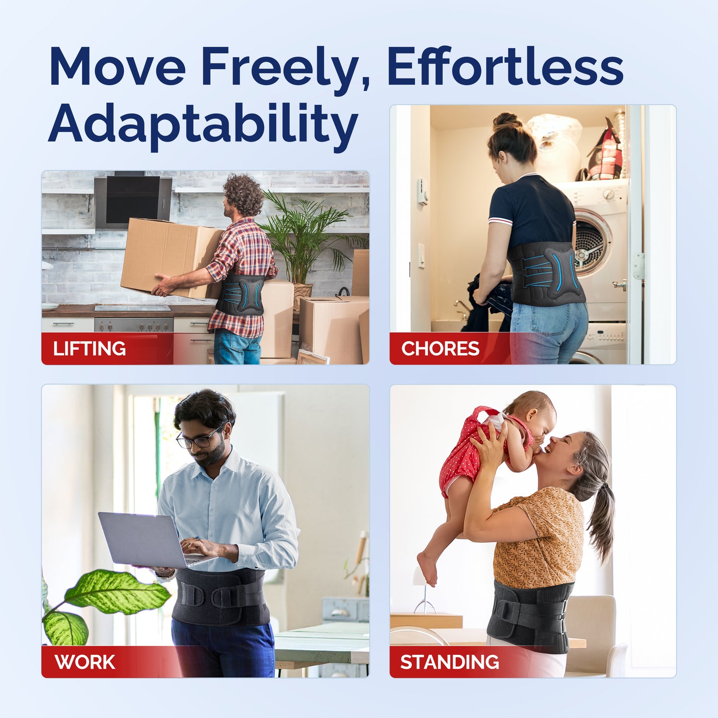 FEATOL back brace worn during daily activities: man lifting heavy cardboard boxes, woman doing laundry chores, man working on laptop while standing, and mother lifting and kissing baby, demonstrating effortless adaptability and freedom of movement