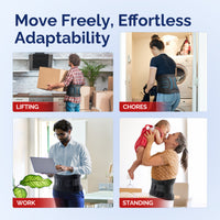 FEATOL back brace worn during daily activities: man lifting heavy cardboard boxes, woman doing laundry chores, man working on laptop while standing, and mother lifting and kissing baby, demonstrating effortless adaptability and freedom of movement