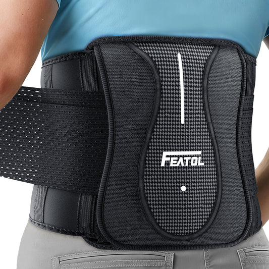 FEATOL lumbar back brace with carbon-fiber panel and breathable mesh sides, worn at the waist.