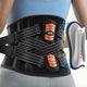 FEATOL back brace worn from behind, showing X-compression straps and removable orange lumbar pad.