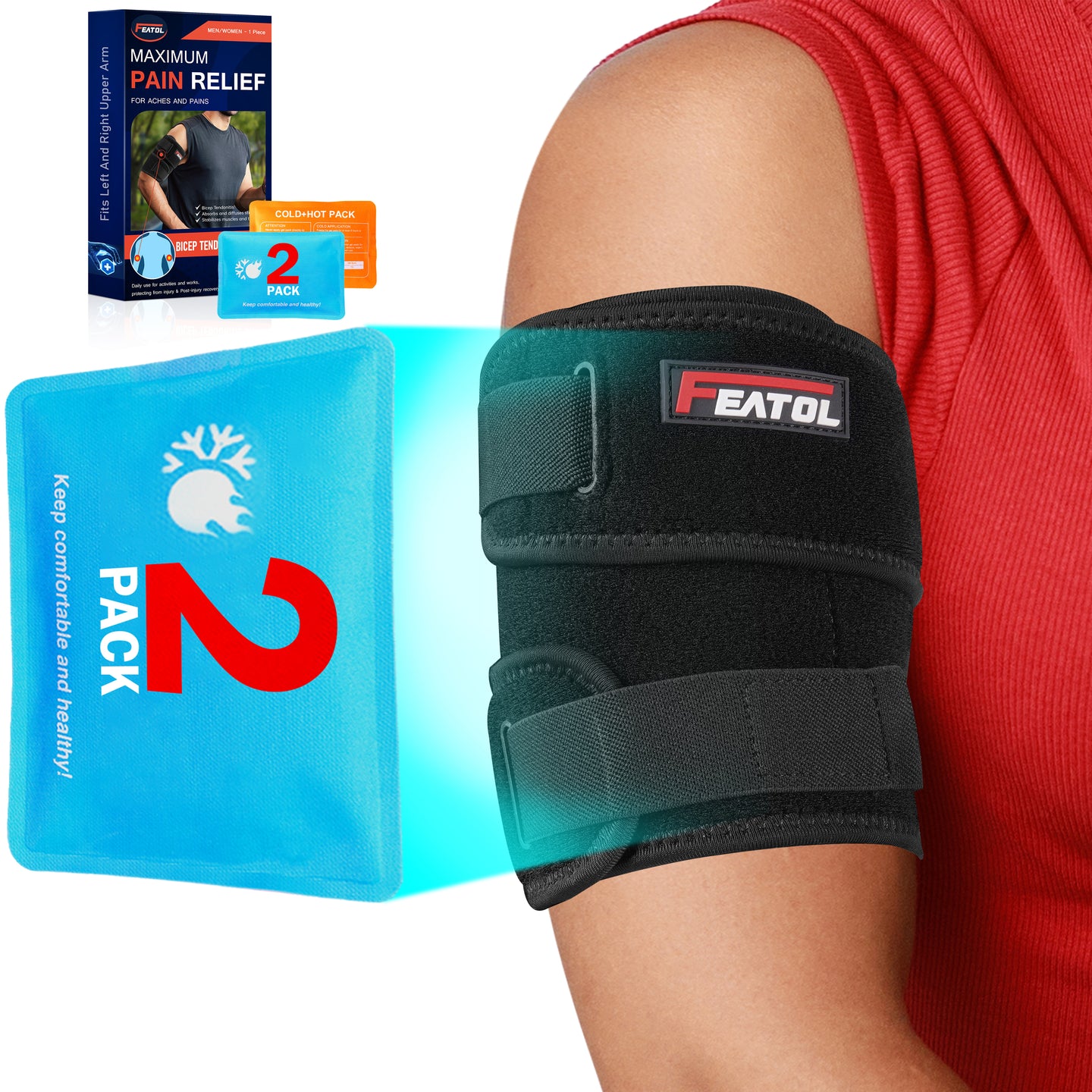 FEATOL bicep brace worn on upper arm with 2 reusable gel ice packs for hot and cold pain relief therapy.