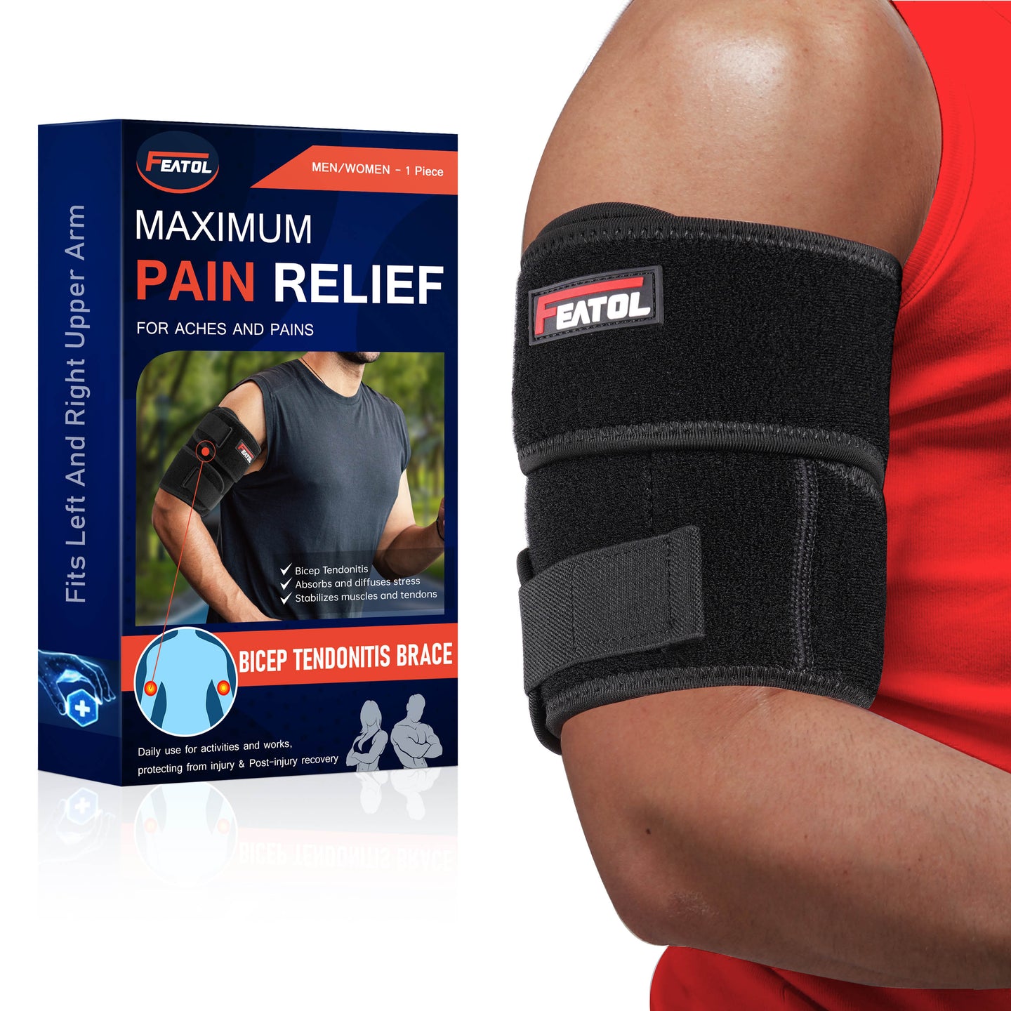 FEATOL bicep tendonitis brace worn on upper arm beside retail box, for maximum pain relief left or right arm.