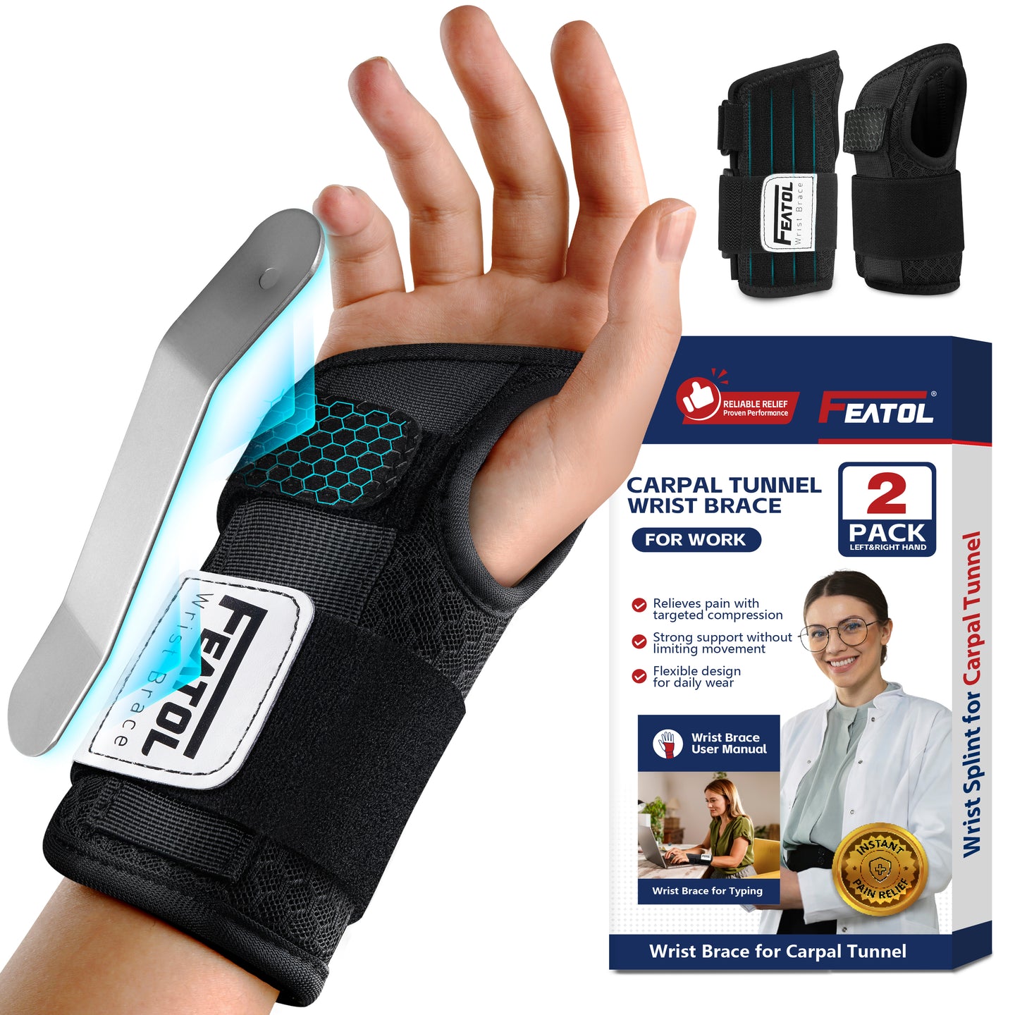 FEATOL carpal tunnel wrist brace 2-pack for left and right hand, shown with product packaging highlighting aluminum splint, targeted compression, and flexible design for daily work use
