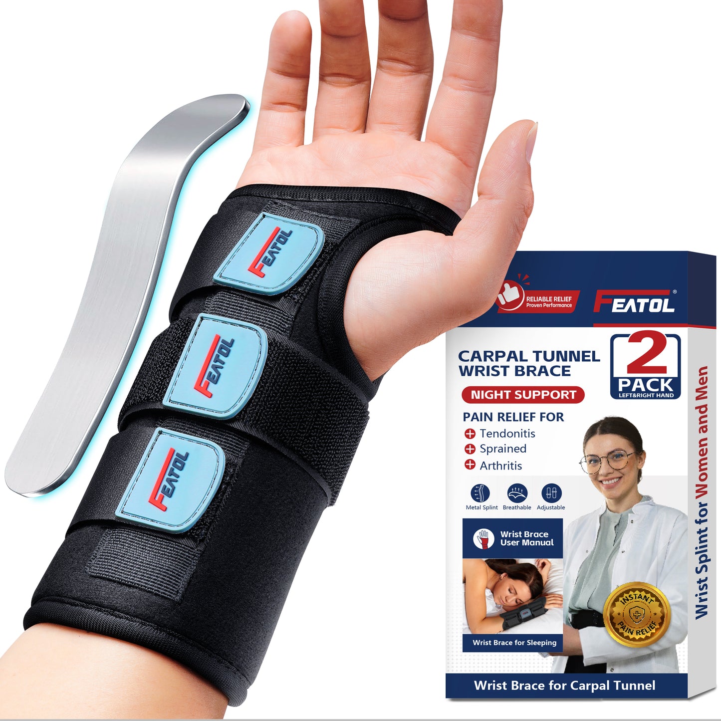 FEATOL 2-pack wrist brace with metal splint worn on hand beside product box, night support for left and right hand.