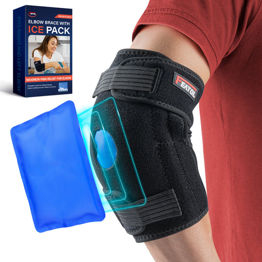FEATOL elbow brace worn on arm with reusable ice pack insert for hot and cold elbow pain relief.