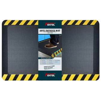 FEATOL Anti-Fatigue Mat with yellow striped border displayed vertically showing product packaging, anti-fatigue standing mat for kitchen, garage and workstation use