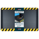 FEATOL Anti-Fatigue Mat with yellow striped border displayed vertically showing product packaging, anti-fatigue standing mat for kitchen, garage and workstation use