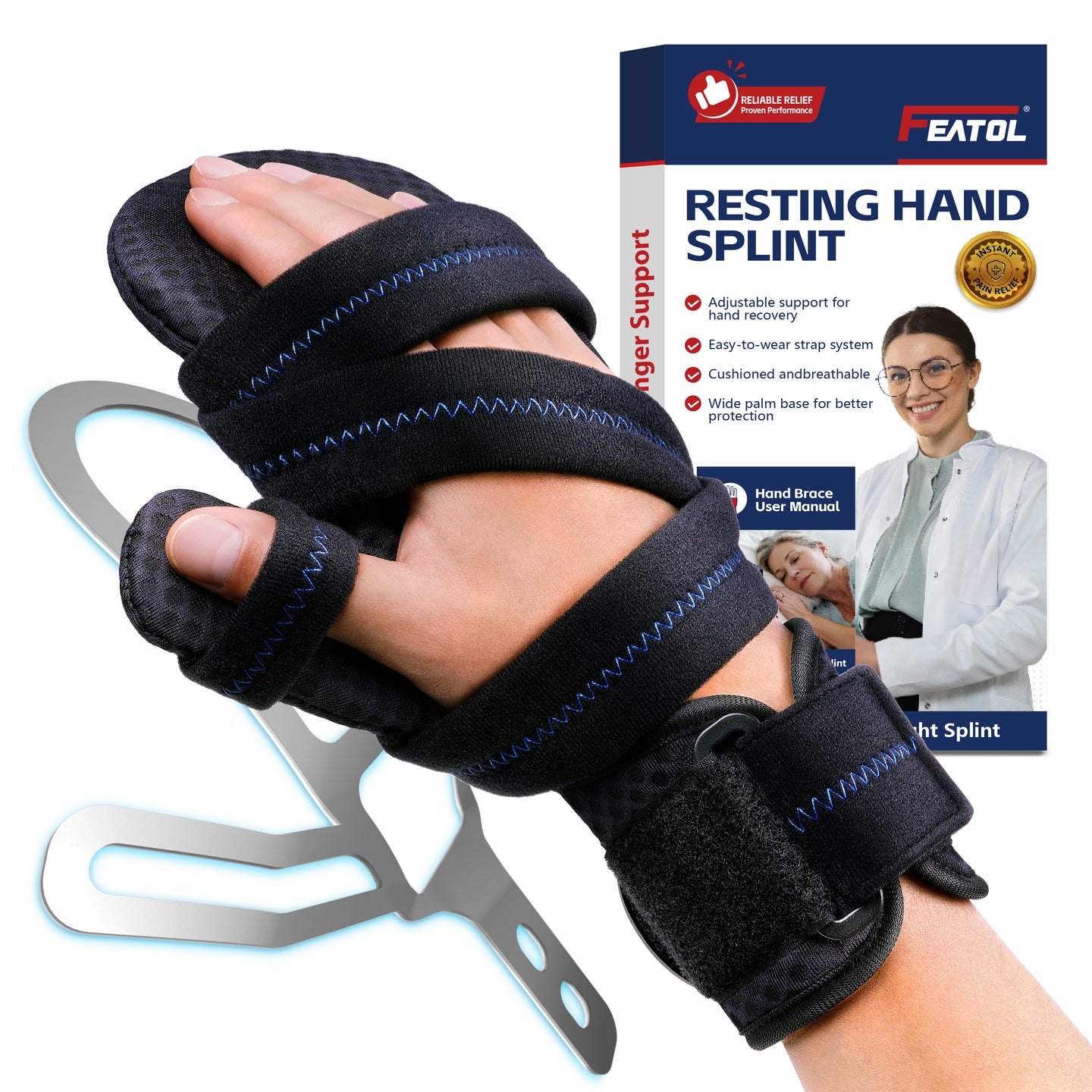 FEATOL resting hand splint worn on hand beside product box, aluminum frame visible.