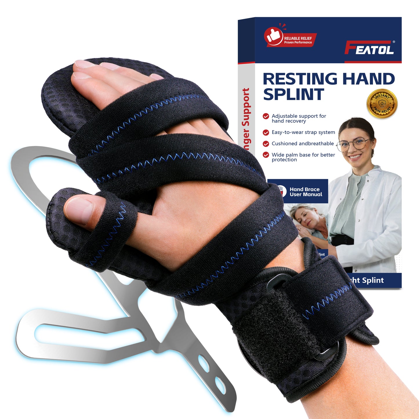 FEATOL resting hand splint worn on hand beside product box, aluminum frame visible.