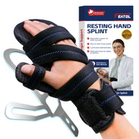 FEATOL resting hand splint worn on hand beside product box, aluminum frame visible.