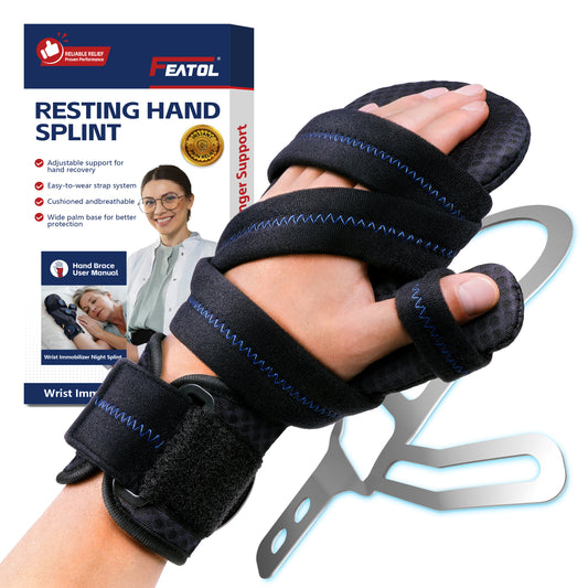 FEATOL resting hand splint worn on hand beside product box, aluminum frame visible.
