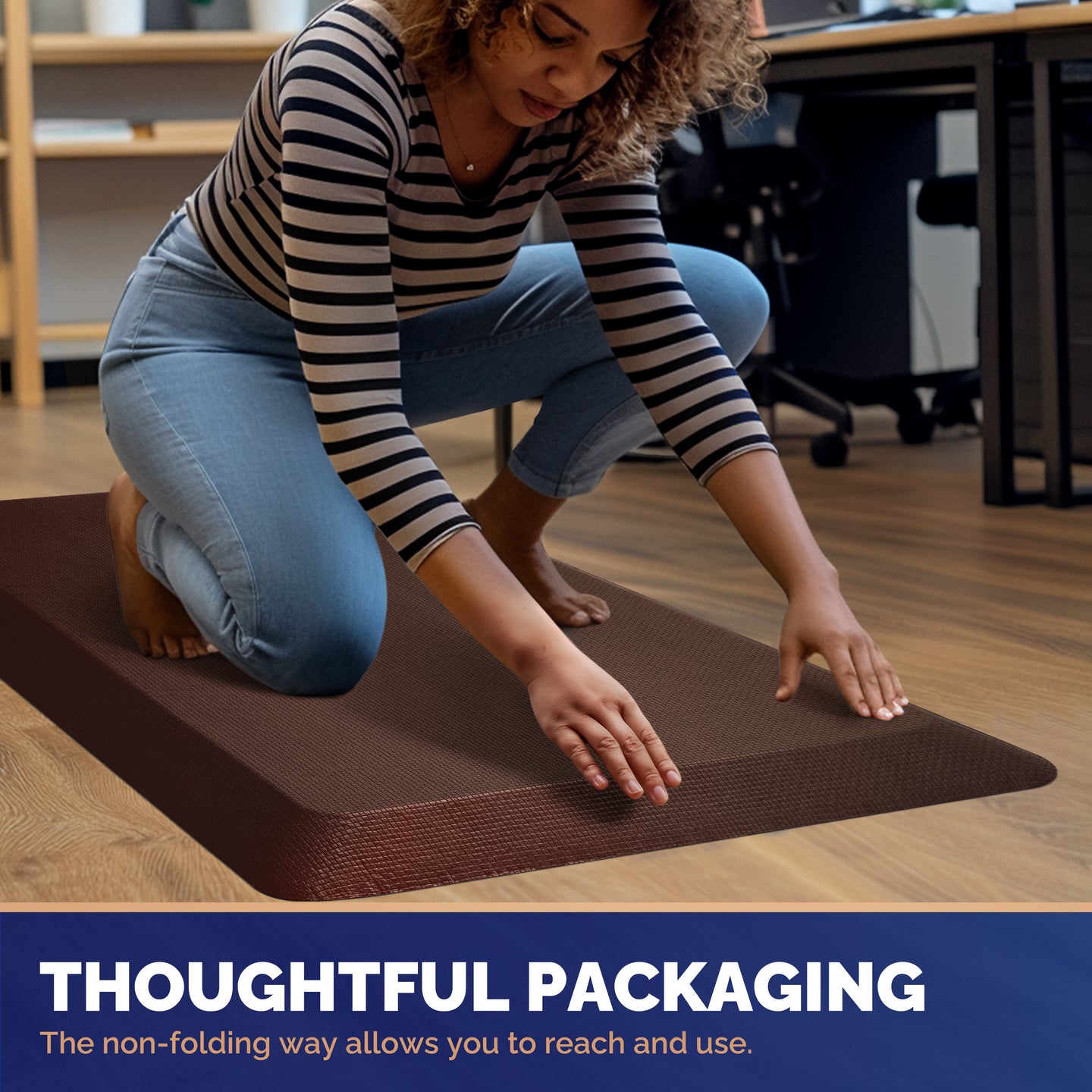 Woman in striped shirt smoothing out brown FEATOL anti-fatigue standing mat on office floor demonstrating non-folding roll packaging for easy unboxing and immediate use