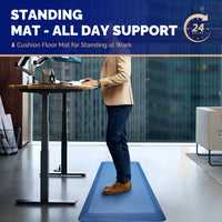 Professional man in blazer standing on blue FEATOL anti-fatigue mat at height-adjustable standing desk in modern high-rise office, ergonomic cushion floor mat for all-day standing comfort
